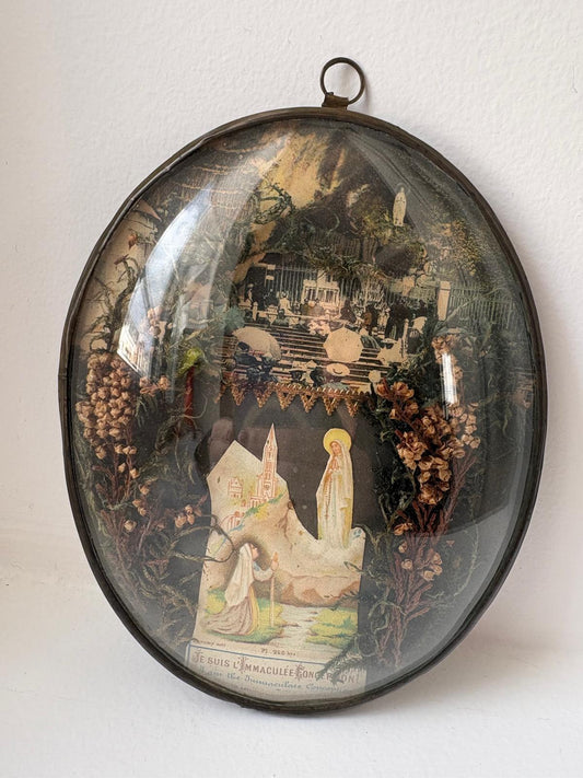Cadre religieux ancien sous globe – Vierge de Lourdes